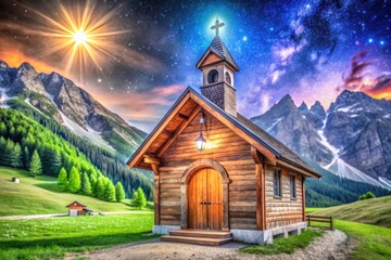 Fototapeta premium Night Photography Tyrol Austria: Small Wooden Chapel in Mountains - Stunning Alpine Scenery