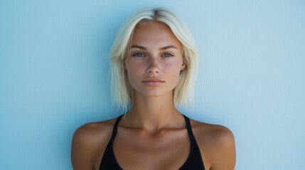 Fototapeta premium Young woman with blonde hair, wearing a black top, relaxed expression, minimalist background, ideal for wellness themes.