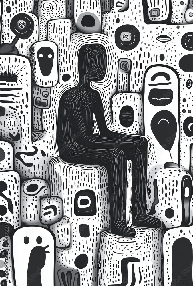 Poster contemplation in a world of symbols: an abstract illustration presents a solitary figure amidst a co