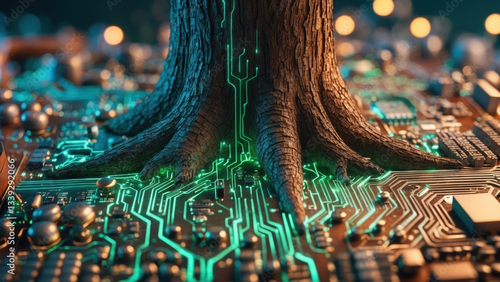 Aufkleber an artistic representation of a tree with roots intertwined with a glowing circuit board, symbolizin