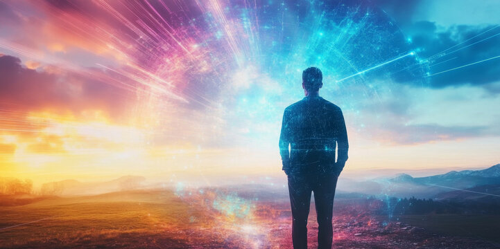 A person stands in a vast agricultural field during sunset, surrounded by changing colors in the sky. The landscape represents the blend of modern agricultural techniques and natural beauty.