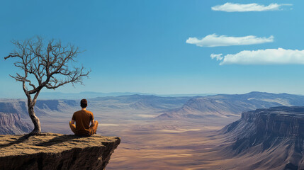 a man sitting on a cliff overlooking a vast landscape