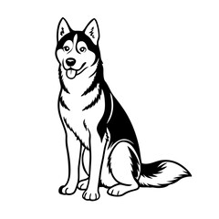 Husky dog vector, Siberian Husky sitting, black and white Husky illustration, Husky dog isolated, sitting dog vector, Husky dog artwork, white background Husky, Siberian Husky graphic, Husky pet drawi