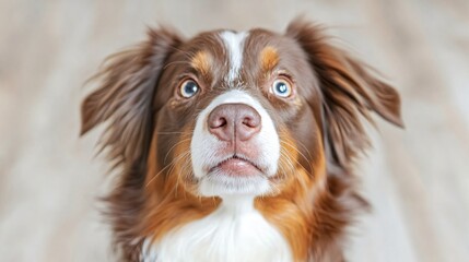 Playful dog lounging, brown and white fluffy dog with expressive eyes relaxing on a light wooden floor, copy-space available.