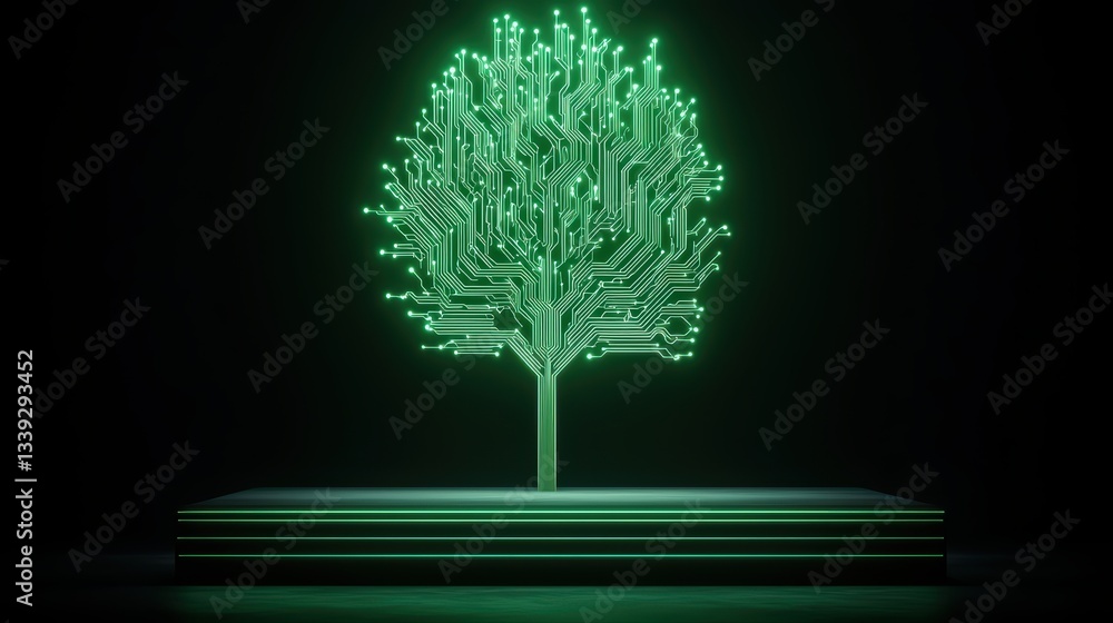 Poster green technology concept with digital tree made of circuitry and led lights on a dark background