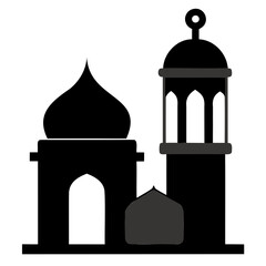 Black traditional Islamic Lantern Beside a mosque silhouette vector illustration isolated on a transparent background