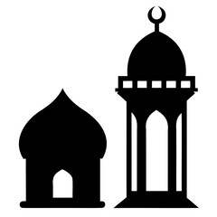 Black traditional Islamic Lantern Beside a mosque silhouette vector illustration isolated on a transparent background