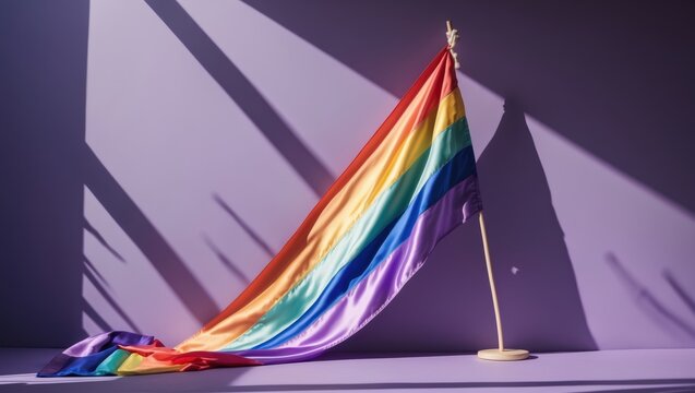 Vibrant rainbow flag unfurling against a softly lit background casting dynamic shadows