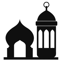 Black traditional Islamic Lantern Beside a mosque silhouette vector illustration isolated on a transparent background