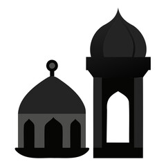 Black traditional Islamic Lantern Beside a mosque silhouette vector illustration isolated on a transparent background