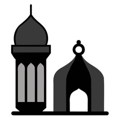 A Black dome silhouette over an old city minaret, blending Taj Mahal architecture with a caged religious vector