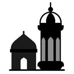 A Black dome silhouette over an old city minaret, blending Taj Mahal architecture with a caged religious vector