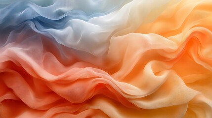 Fototapeta premium Abstract ombre fabric texture with soft waves in blue, white and orange.