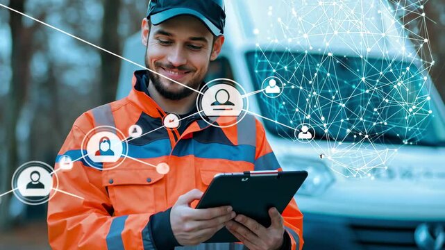 Delivery person recording data with clipboard near delivery van in outdoor area during daytime, Delivery person writing on clipboard, network connections over background