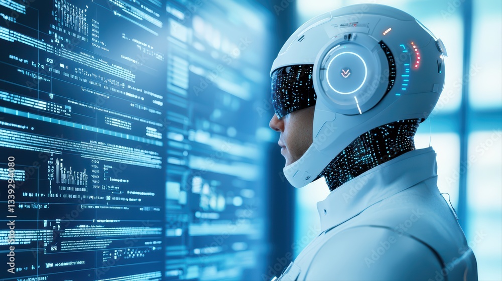 Poster futuristic industrial concept of robotic assembly line worker analyzing data interfaces