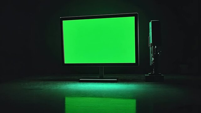 Modern desktop computer with vibrant green screen and stylish design on background