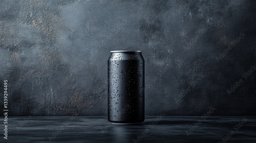 Poster a sleek black beverage can stands alone on a dark surface, showing condensation from a cold drink. t