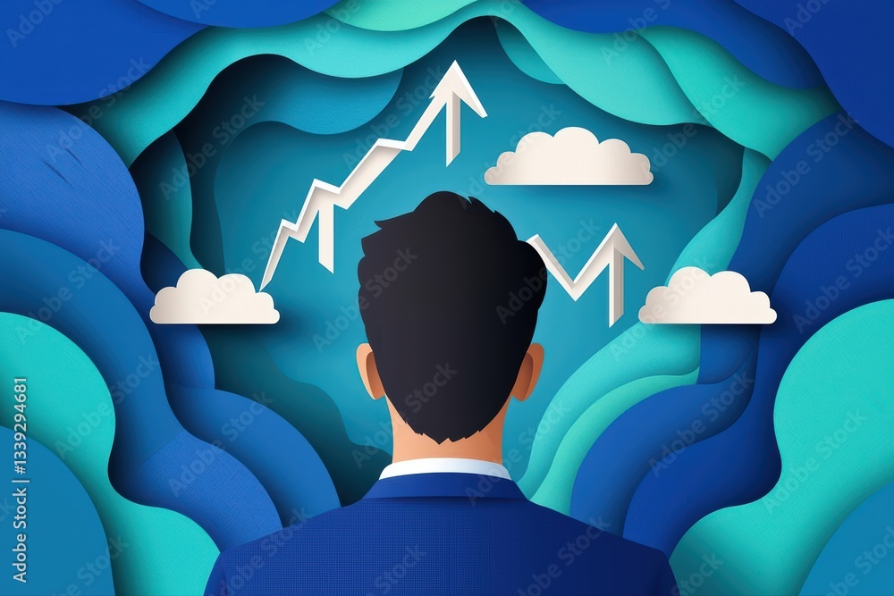 Poster businessman analyzing investment strategy concept with graphs and clouds in abstract background