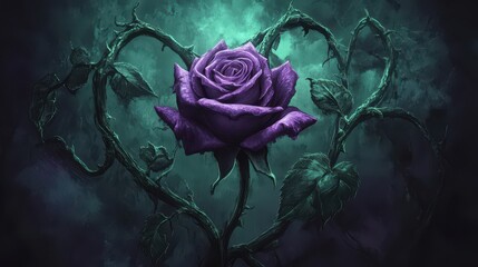 Beautiful purple rose surrounded by thorny vines and leaves