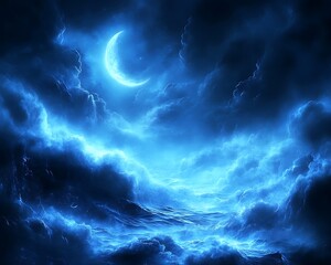 A luminous crescent moon resides amongst dark blue clouds