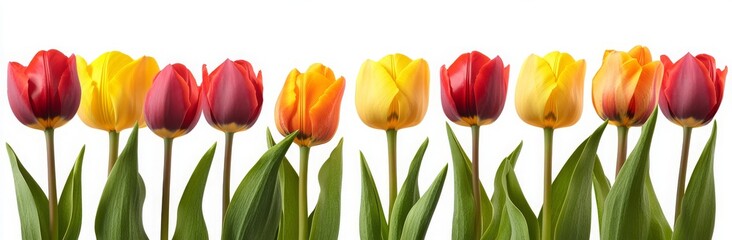 Colorful Tulips in Bloom with Green Leaves Isolated on White Background