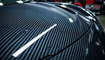 Carbon Fiber Car Hood with Distinctive Checkered Pattern and Light Reflections