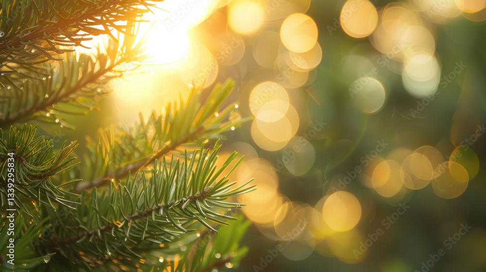 Poster close up of evergreen branches with sunlight creating bokeh effect, evoking warm and serene atmosphe
