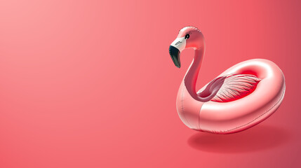 Trendy Summer minimal concept banner made of pink flamingo inflatable on bright light pink background with writing space and copy