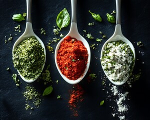 Three white spoons filled with different colored spices