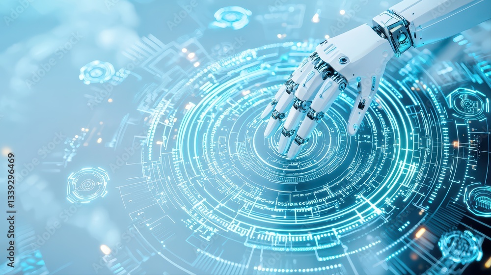 Aufkleber modern robotic hand interacting with futuristic industrial digital interface in a factory setting