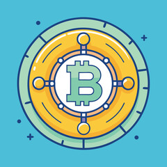Bitcoin Coin with Blockchain Nodes Vector Design, A vector illustration of a Bitcoin coin surrounded by blockchain nodes and circular connections on a blue background.
