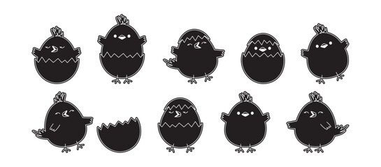 Easter chick, cute chicken and egg shell, cartoon baby bird hatch, funny animal character, spring small kid hen, black silhouette sticker set isolated on white background. Simple vector illustration