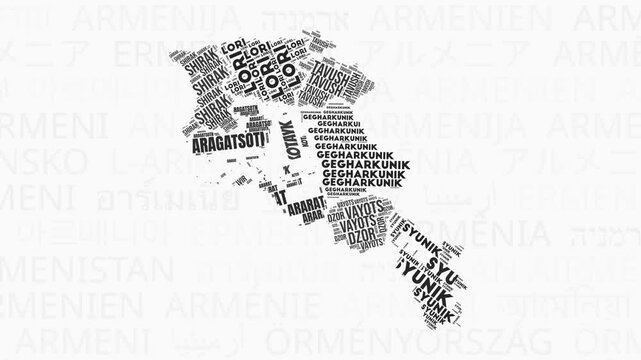 Armenia intro animation. Country with regions illustration video. Background with country names in various languages. Regions of Armenia animation. Amazing video.