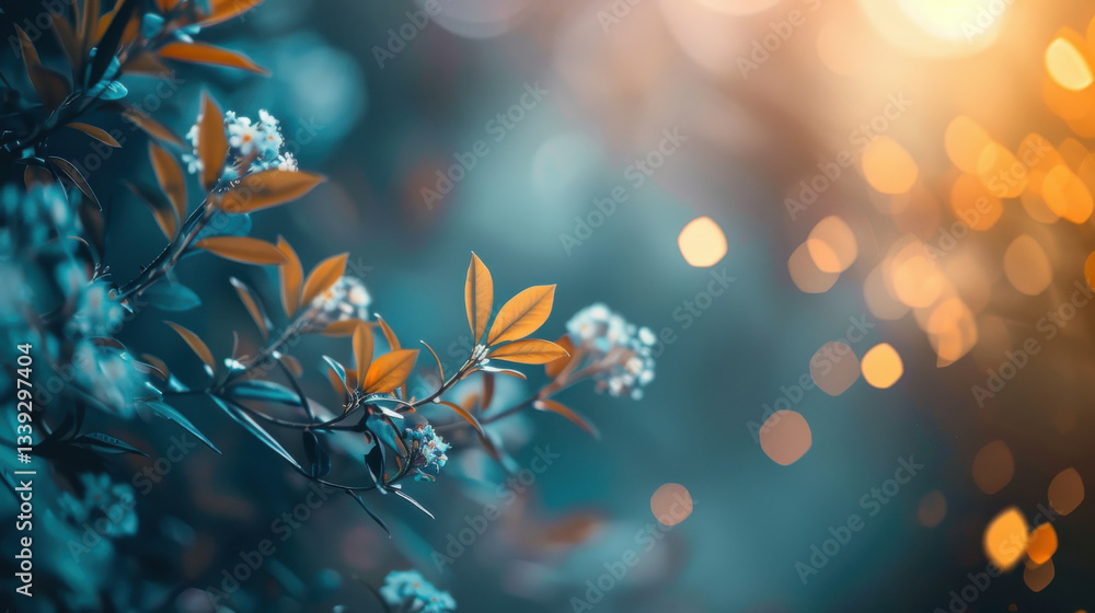 Poster lush green leaves and delicate flowers create serene atmosphere with soft bokeh lights in background