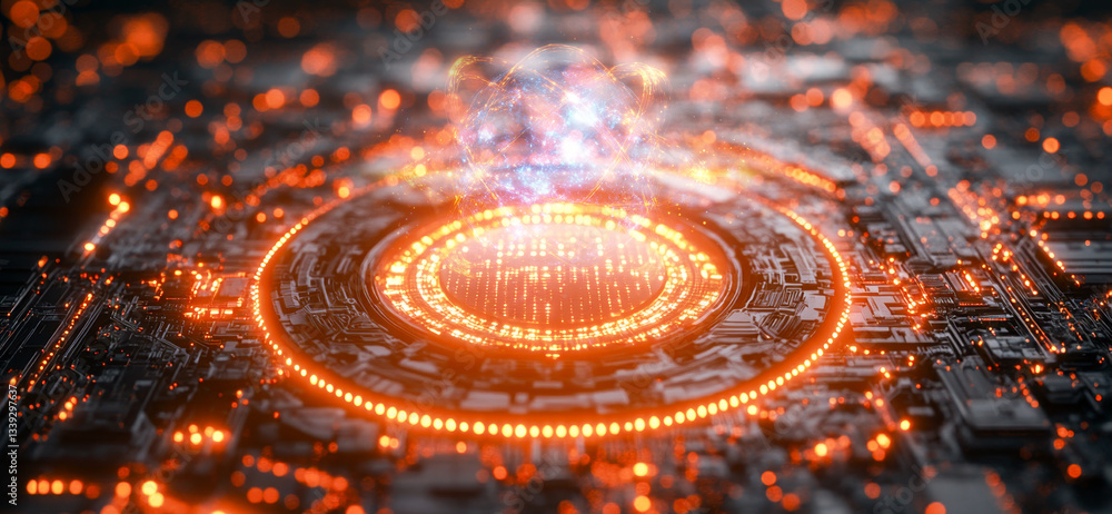 Fototapete A digital representation of quantum computing, illustrating the interaction of qubits in a state of superposition and entanglement.