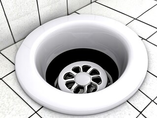 White sink drain with chrome strainer on tile