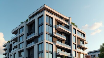 Obraz premium Modern apartment structure adorned with numerous balconies, reflecting a stylish and urban living environment