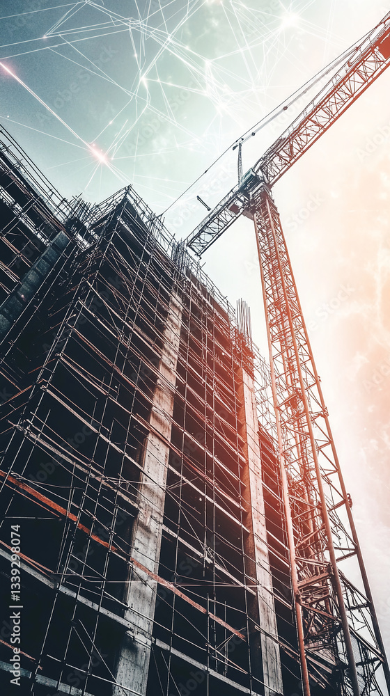 Poster low-angle view of a building under construction, showcasing scaffolding and a crane against a sky wi