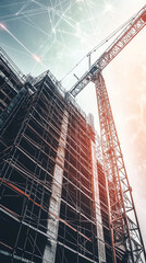 Fototapeta premium Low-angle view of a building under construction, showcasing scaffolding and a crane against a sky with network lines, symbolizing progress, technology, and urban development