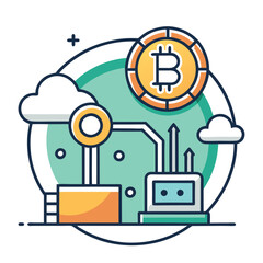 Bitcoin Mining Factory Vector with Blockchain, A vector design of a Bitcoin mining factory, with mining equipment, Bitcoin coin, and cloud elements, set against a green background.
