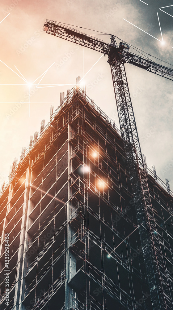 Poster high-angle view of building under construction, crane visible, network lines overlayed, showcasing u