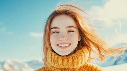Cheerful young woman outdoors, smiling in cozy sweater, bright blue sky in the background, perfect for winter promotions and happiness themes.