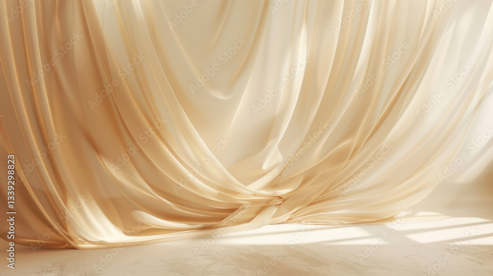 Poster soft beige fabric drapes elegantly, creating serene and calming atmosphere. gentle folds and light p