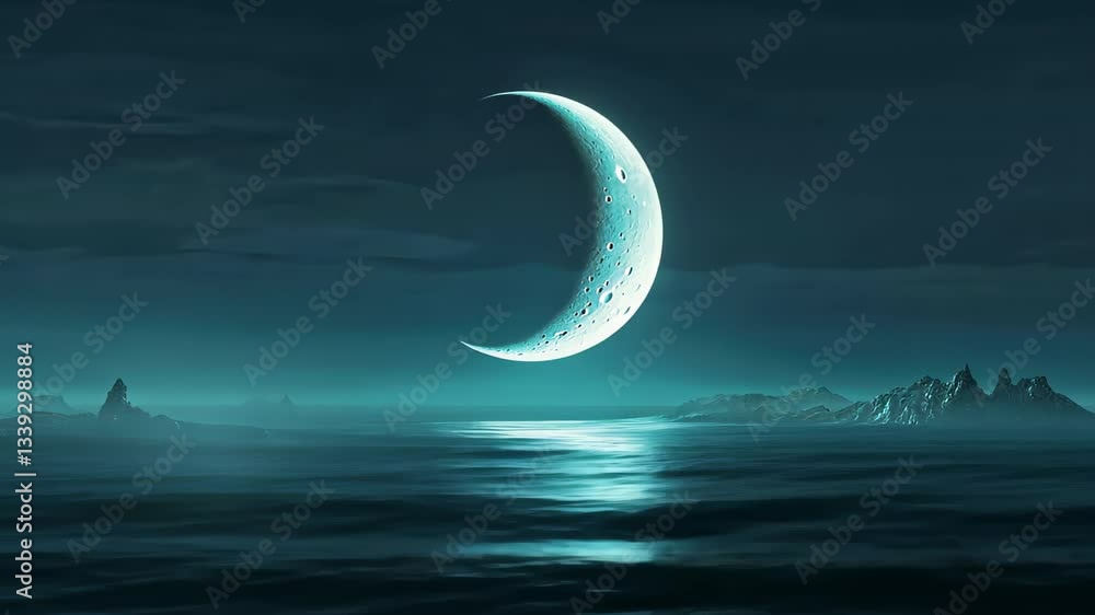 Poster blue moon setting over the ocean creates a serene atmosphere at dusk, blue colored moon setting slow