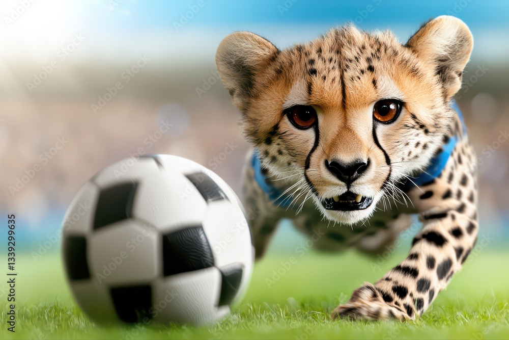 Poster agile cheetah in soccer action with a ball on a bright stadium field