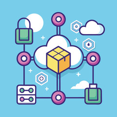Cloud Storage and Security Network Vector Design, A vector design featuring cloud storage with a central 3D cube, security lock icons, and network nodes on a blue background.
