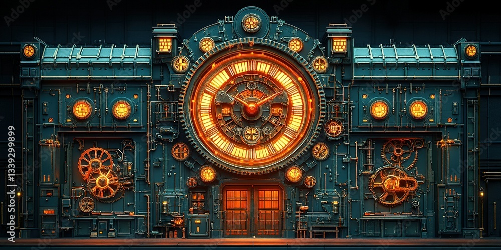 Poster steampunk-inspired clockwork mechanism featuring intricate gears and glowing lights in a workshop se