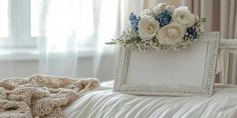 Elegant white picture frame with floral arrangement on a cozy bed in a softly lit room