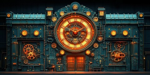 Steampunk-inspired clockwork mechanism featuring intricate gears and glowing lights in a workshop setting