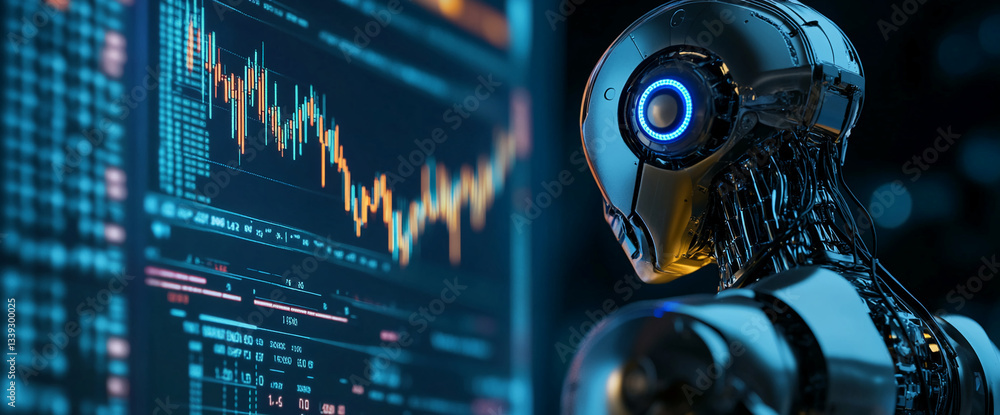 Poster metallic robot analyzes stock market data displayed on a screen, showcasing artificial intelligence 